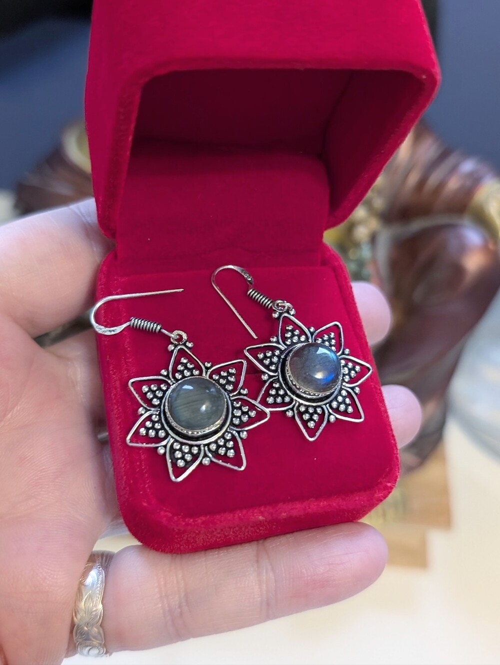 Vintage Labradorite Sterling Silver Floral Sunburst Drop Earrings